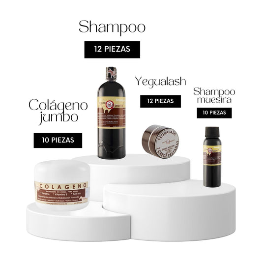 12 pz shampoo + 10 pz colágeno jumbo + 12 pz yegualash + 10 pz shampoo mini