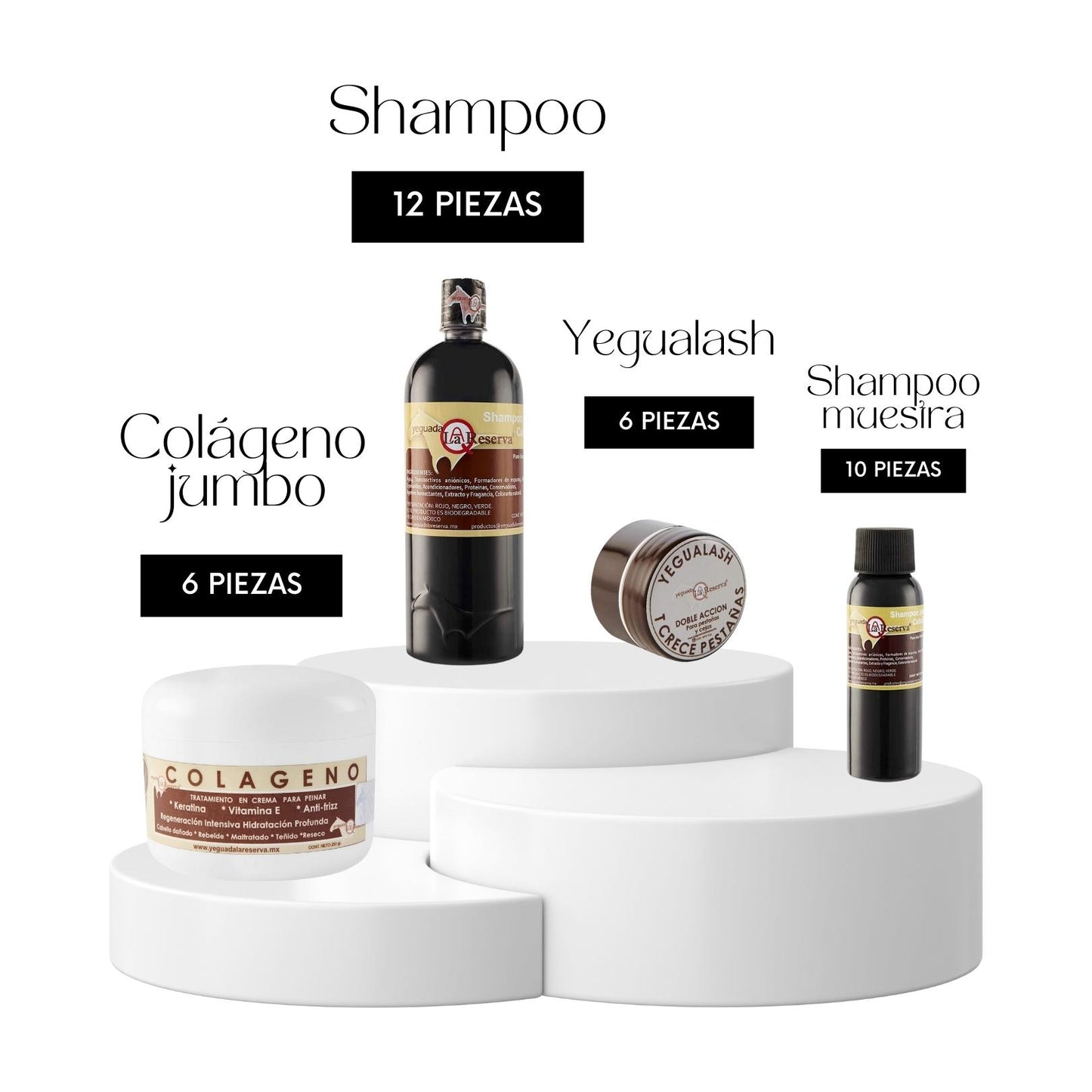 12 pz shampoo + 6 pz colágeno jumbo + 6 pz yegualash + 10 pz shampoo mini